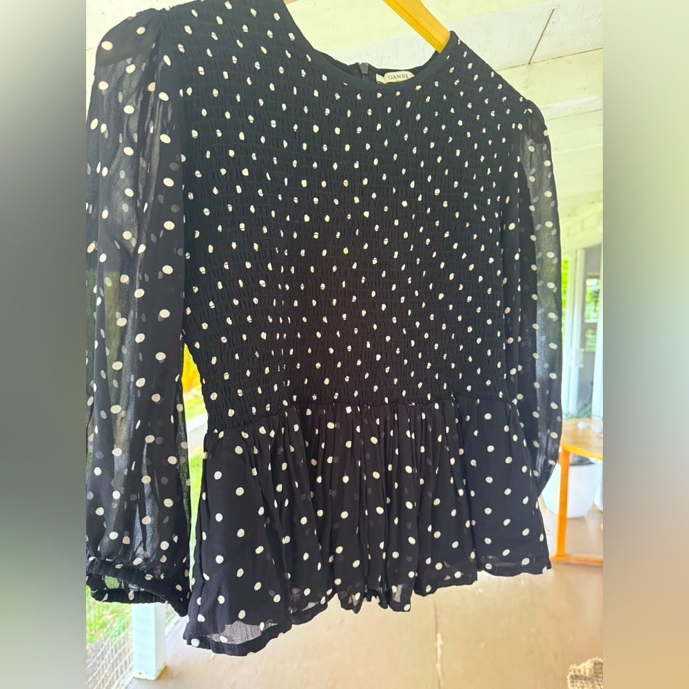 GANNI Merton Georgette Blouse size M (DK 38) in Black & White Polka Dot